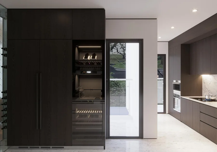 Integrated panel-ready refrigerator column in fitted cabinetry