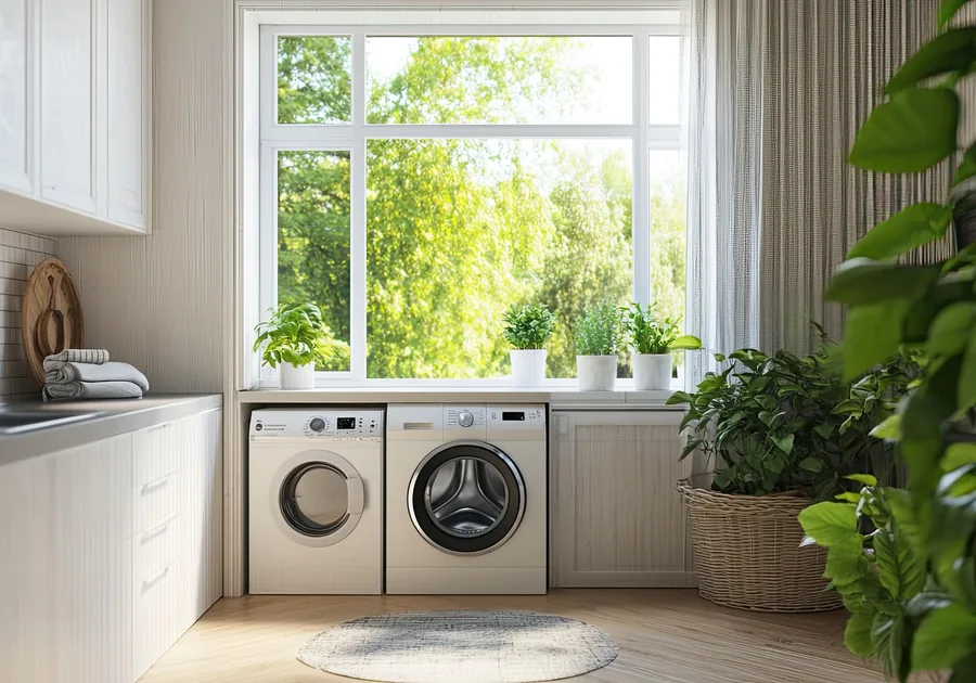 Bright laundry room with a washer and dryer beside a window