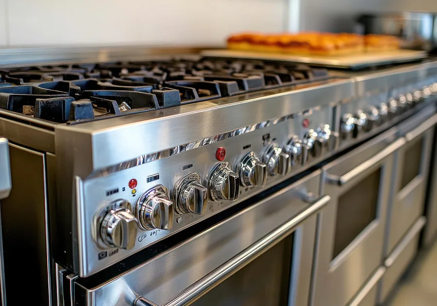 Professional stainless steel range in a home kitchen